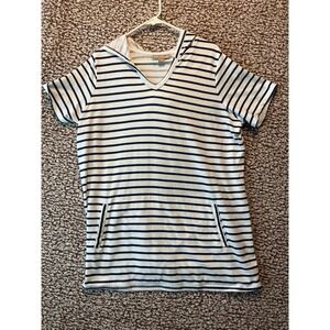 Woman Within Blue Stripe Hoodie 18/20 Beach Cover Up Nautical Pullover Pocket